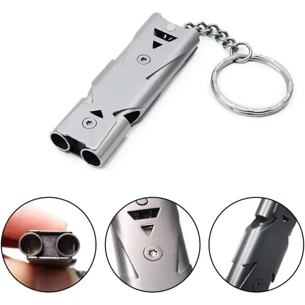 High Decibel Whistle Keychain Stainless Steel Double Pipe Camping Hiking Emergency Survival Whistle Portable Outdoors Tools