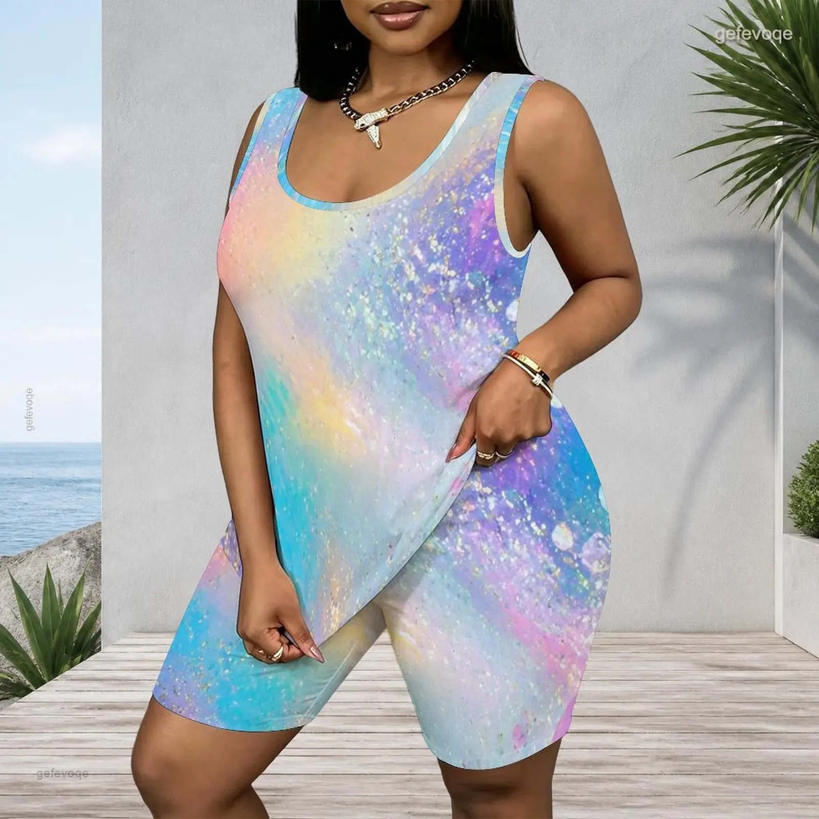 Scoop Neck Sleeveless Tank Top Fitted Shorts Two Piece Printed Shorts Set for Women