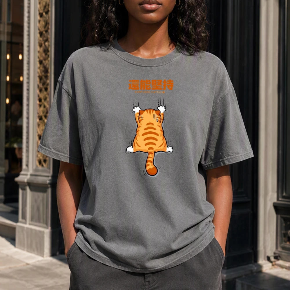 Relaxed Cartoon Cat Falling Female Funny Meme Graphic Women Tee Struggle Humor Cat Shirt Home Office Casual Top
