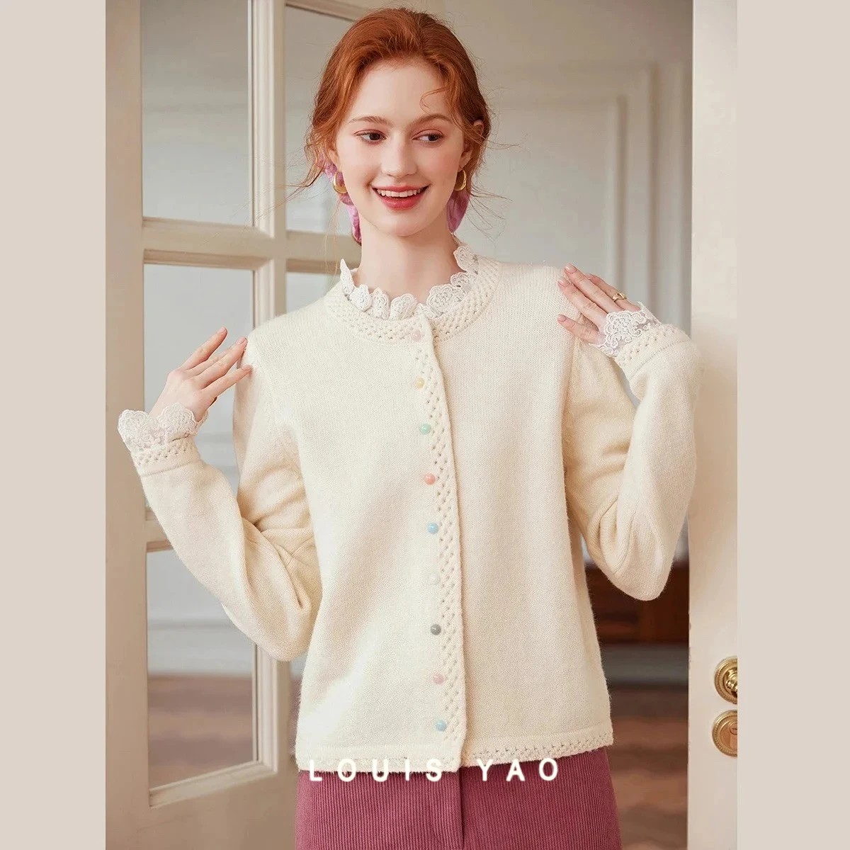 

LOUIS YAO, женский вязаный свитер с кружевом, осень-зима 2022, однобортный вязаный кардиган, нежное вязаное пальто