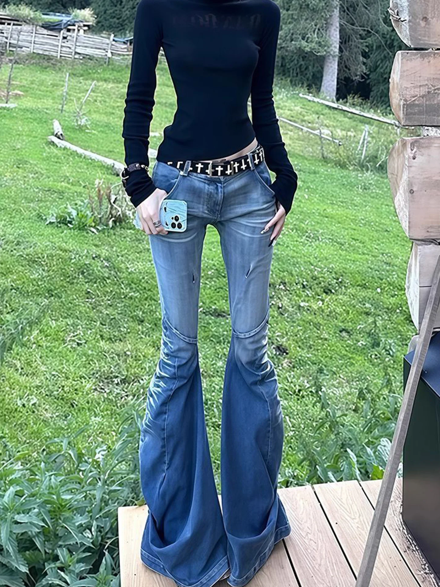 

American Retro Folded Denim Jeans Women's Y2K Millennium Trendy Gradual Color Flared Pants Low Waist Bell Bottoms