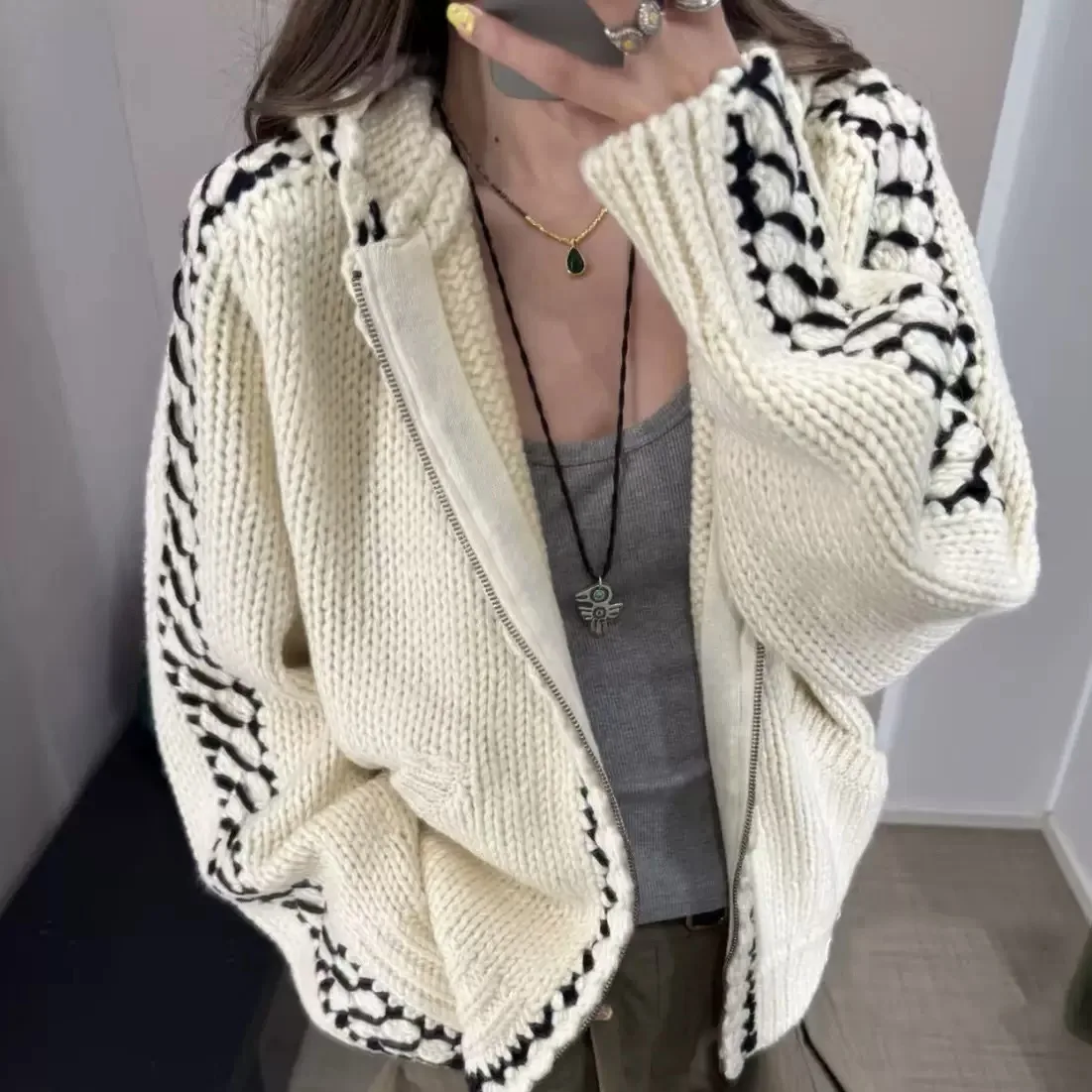 

East Gate Openyy Ретро Повседневный тяжелый свитер с капюшоном Thi Свободная куртка на молнии Женский трикотаж Теплый термодлинный свеч...