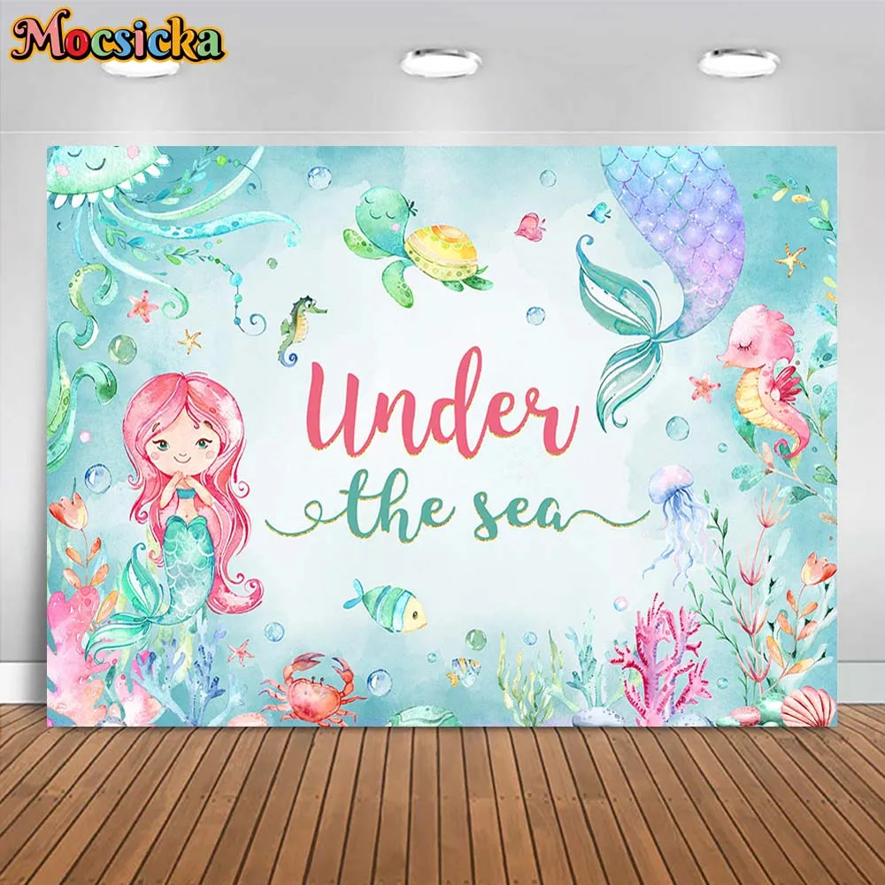 

Mocsicka Mermaid Princess Birthday Party Backdrop Under the Sea Girl Birthday Cake Smash Decor Photo Background Customize Banner