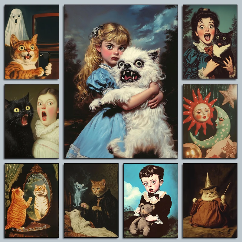 1 Pc Frameless Canvas Whimsical Funny Surreal Animals Posters Creepy Girl Holding Ugly Dog Prints Wall Art Pictures Home Decor