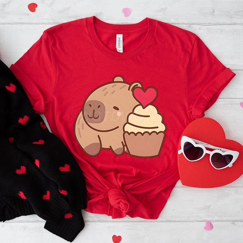 Gift for Capybara Lover Valentine T-shirts Cute Animal Cake Love Heart Shirt Clothing Women Happy Valentines Day Kawaii Top Tees