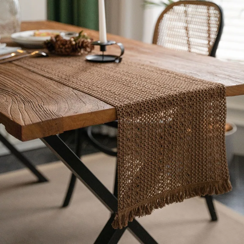 Khaki Solid Color Woven Table Runner Natural Material American Style Festival Table Decor Home Textile Household Supplies