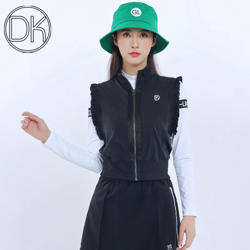 

DK Women Golf Jackets Ladies Slim Full Zipper Golf Vest Ladies Ruffled Sleeveless Sport Wastcoat Women Outdoor Casual Wear S-2XL