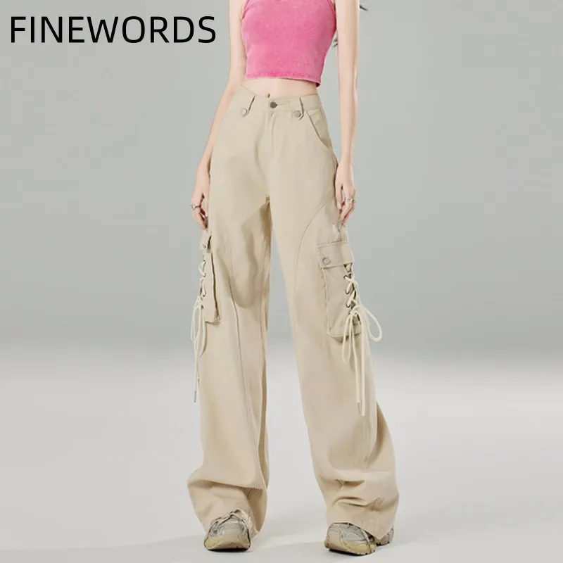 

FINEWORDS Vintage Bandage Khaki Baggy Jeans Women Korean Casual Streetwear Harajuku Wide Leg Jeans High Waist Denim Pants