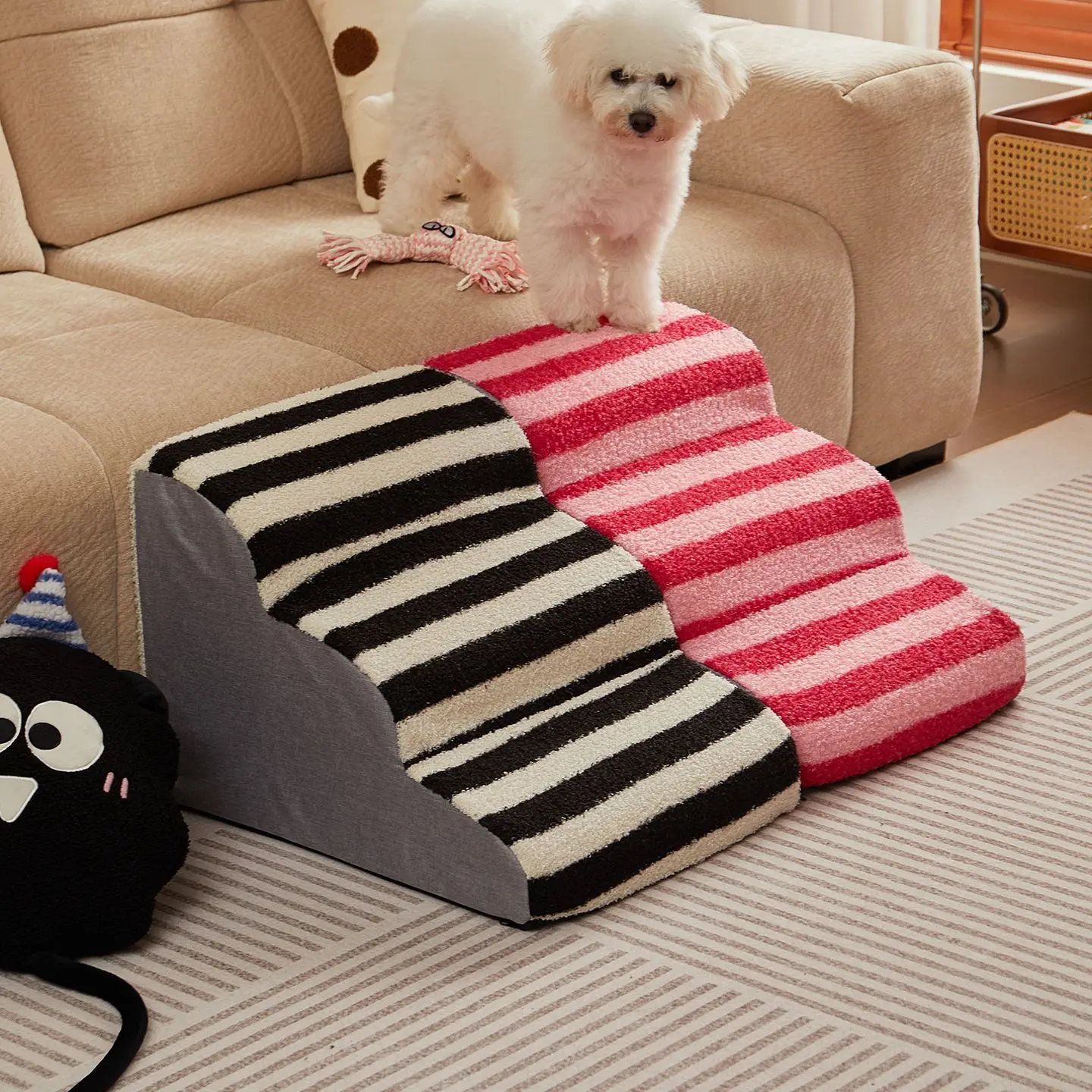 Pet Striped Plush Stairway for Dogs Removable Washable Anti-slip Slope for Sofa Steps Dogs Ramp for Bed