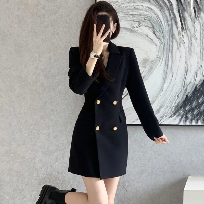 

Women's Black Double Breasted Slim Elegant Mid Length Casual Elegant Niche Blazer 2025 Spring Autumn New Designer Suit Jacket