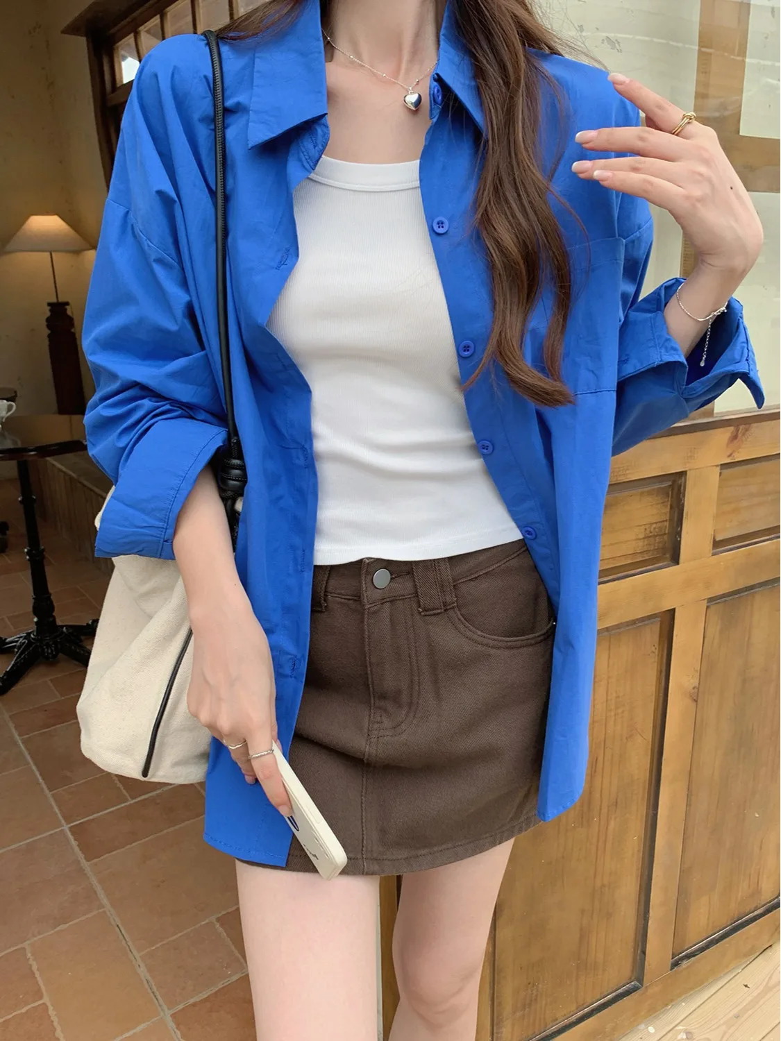 

Ladies Long Sve irt Workwear Spring Autumn Sle Lazy Faion Blue Thin Outerwear Korean Version Slim Fit Button Design