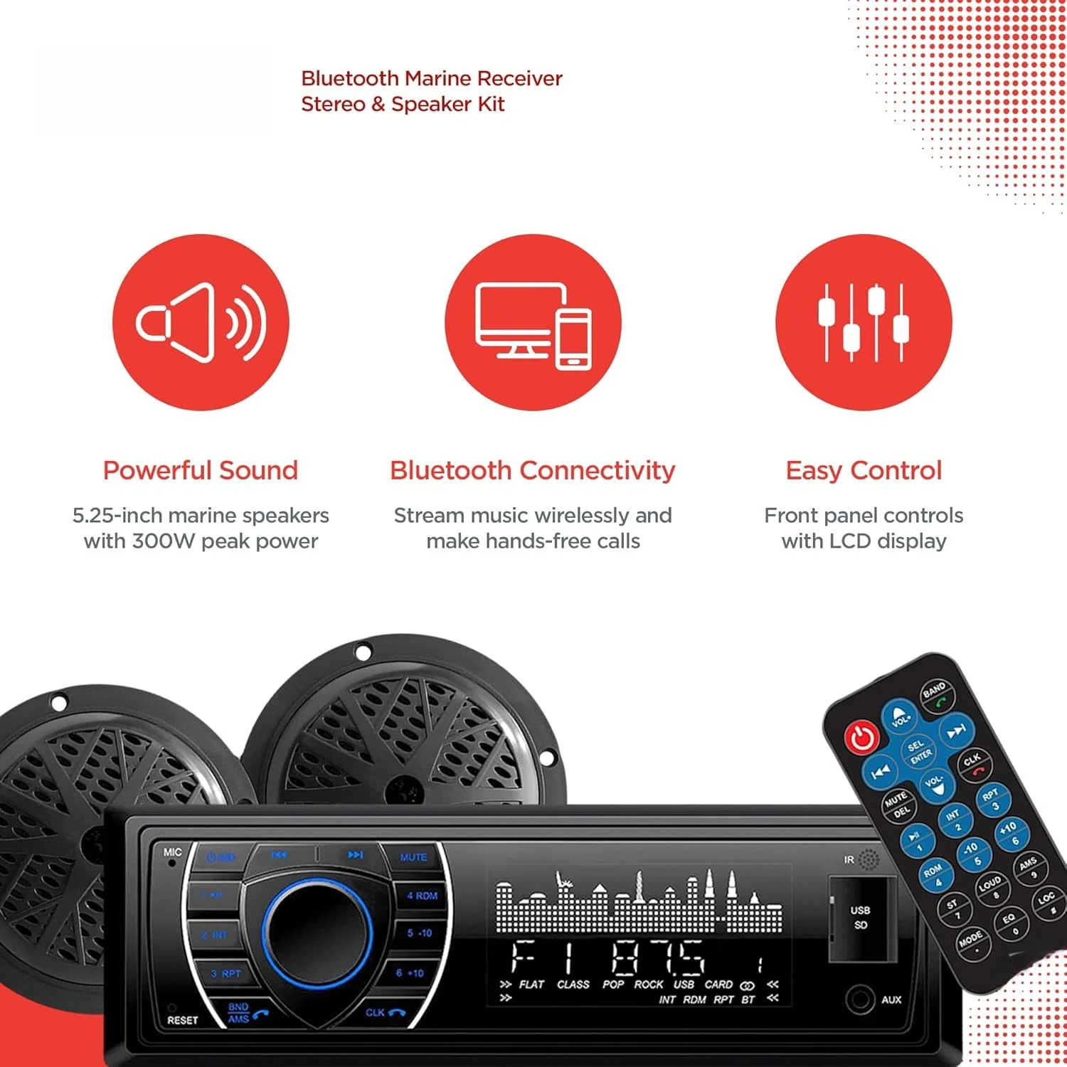 

Marine Headunit Receiver Speaker Kit - In-Dash LCD Digital Stereo Built-in Bluetooth & Microphone w/ AM FM Radio System