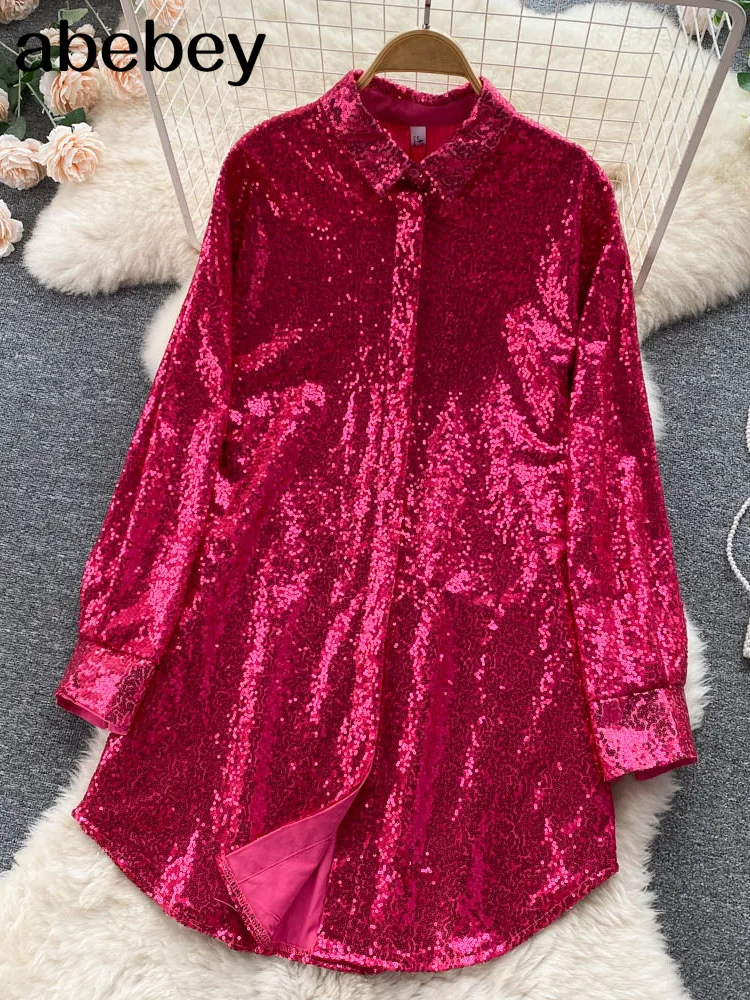 Sequins Blouse Shirts Long Sleeve Top Button Up Shirt Y2K Vintage Women Clothing Club Party Glitter Top Female Collared Shirt