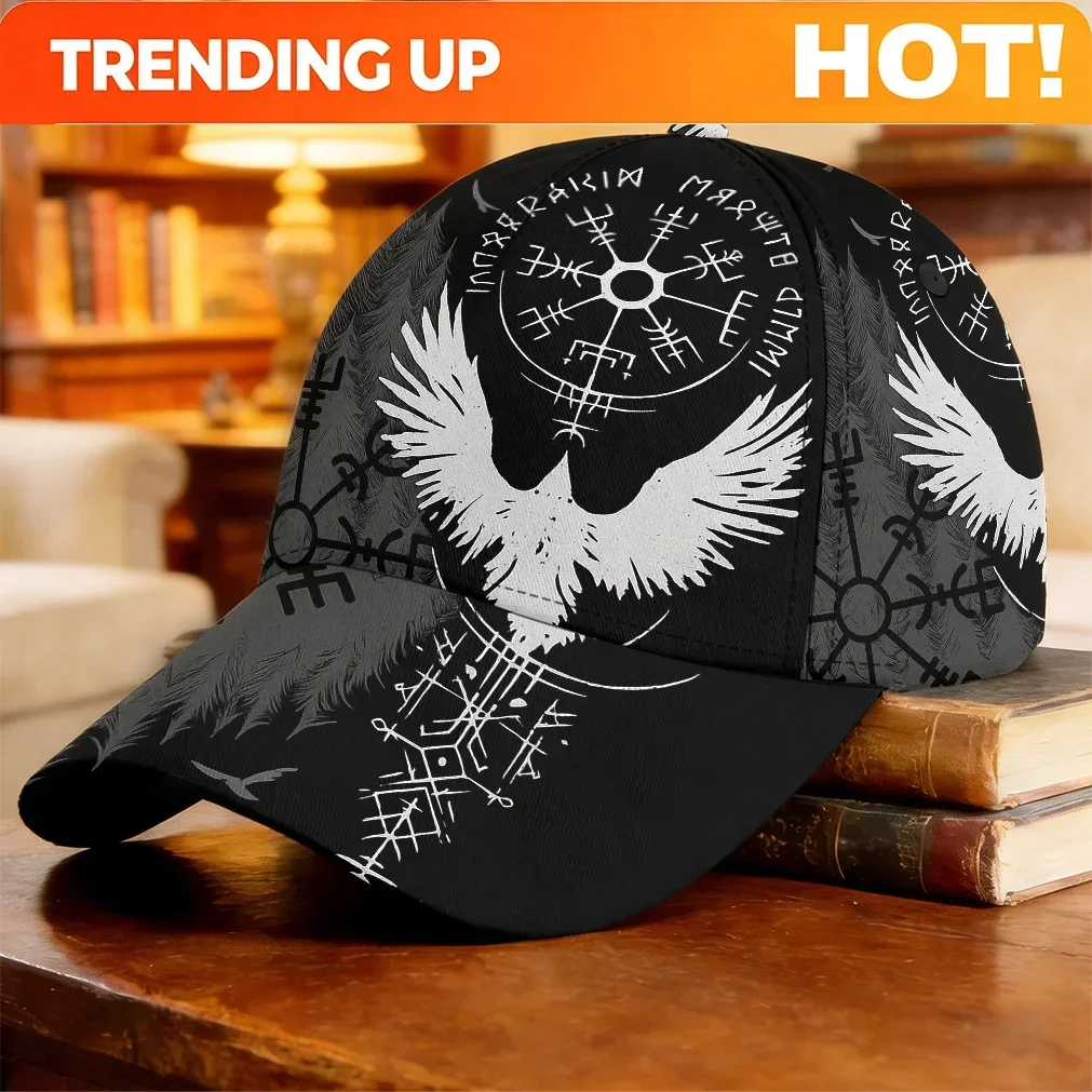 Customization 1pc-2Dflat Mysterious Symbol Combination Of Ravens And Viking Runes Baseball Cap Driver Cap Outdoor Sports Golf Ca