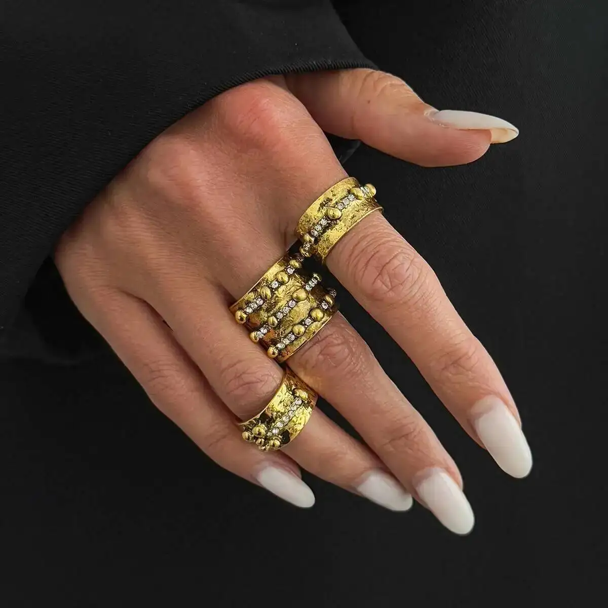 SHIXIN 3Pcs/set Punk Hip-hop Pleated Rhinestone Inlaid Open Rings Women Vintage Geometric Adjustable Ring Fashion Couple Jewelry