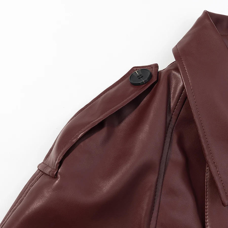 3 ألوان ربيع جديد الأمريكية الرجعية المرأة بولي Leather سترة جلدية التلبيب طوق مشبك حزام تنحنح معطف طويل الأكمام ملابس خارجية قصيرة فضفاضة