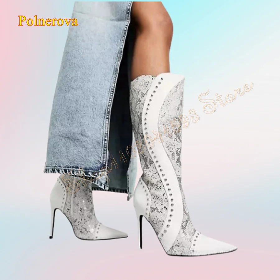 White Leather Snake Print Patchwork Boots Pointed Toe Zipper Knee Boots Party Stiletto Women Boots 2024 New Zapatos Para Mujere