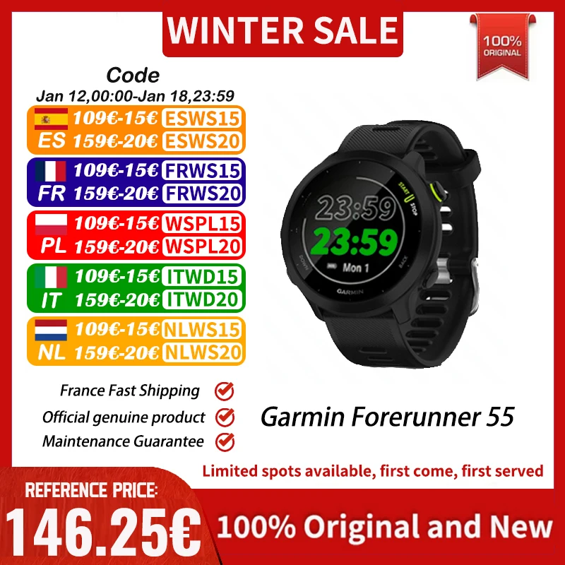 Orologio da corsa GPS Garmin Forerunner 55 con allenamenti sagomati giornalieri fino a 2 settimane di durata della batteria Smart Watch