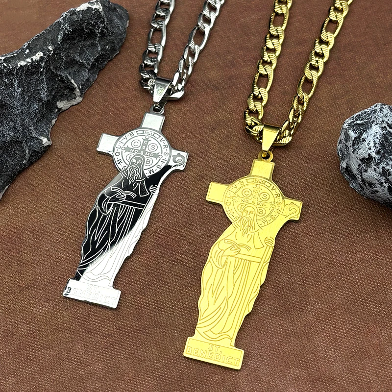 الكاثوليكية سانت بنديكت الصليب قلادة قلادة للنساء الرجال الفولاذ المقاوم للصدأ مطلية بالذهب سان بينيتو الهيب هوب سلسلة تميمة المجوهرات