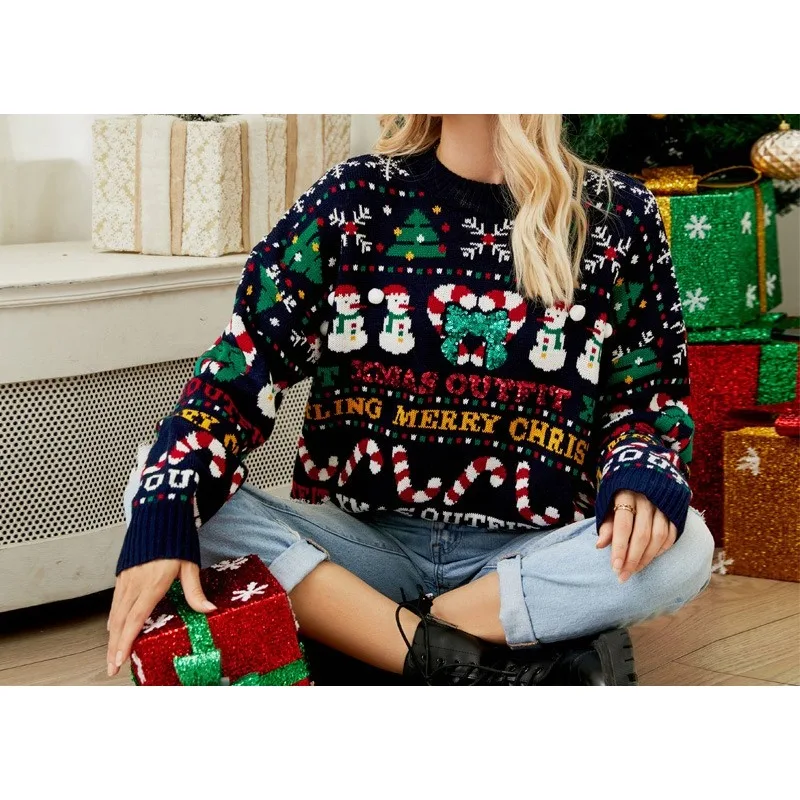 2025, lockerer Strickpullover, Herbst/Winter, Weihnachtsbaum, Rundhalsausschnitt, Wollpullover, kleiner Schneemann, Pailletten, Weihnachts-Wollmantel