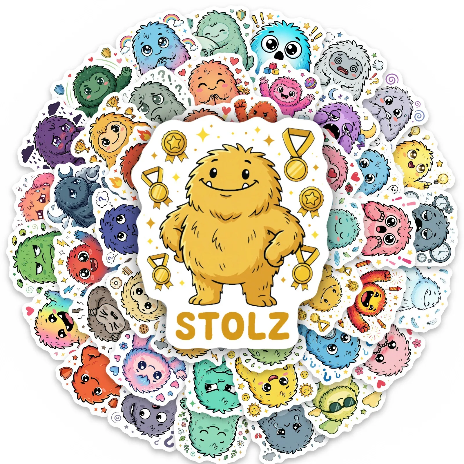 50 Pcs Cartoon Monster Different Emotions HD Fun Stickers Pack, Student Scrapbook File Folder Album Helmet Skate No Repeat Decal
