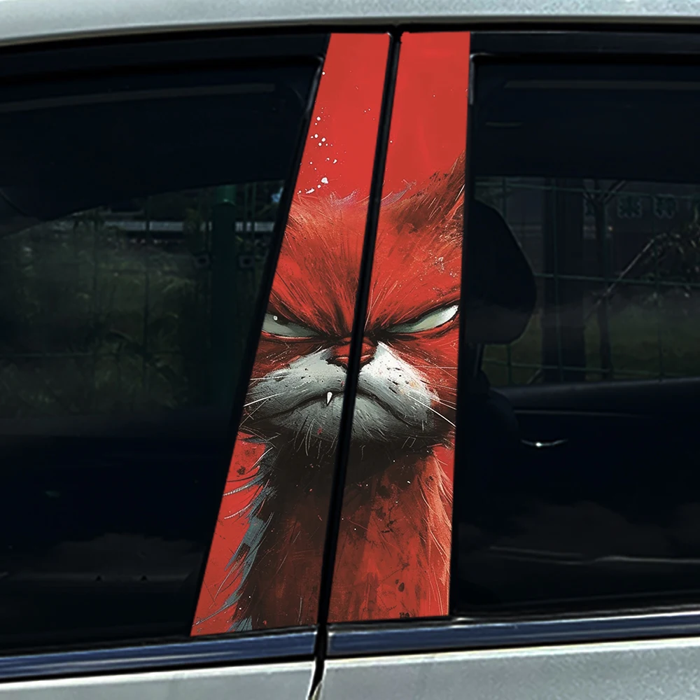 2PCS Cool Fierce Cat Car Window Pillar Sticker Split B-pillar Decal Waterproof PVC Red Theme Auto Styling Vehicle Decoration