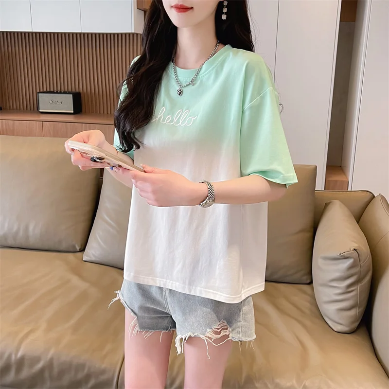 Letter Embroidery Summer Round Neck Short Sleeve Women's Solid Clothing Gradient Cotton T-shirt Loose Midi Office Lady Tops