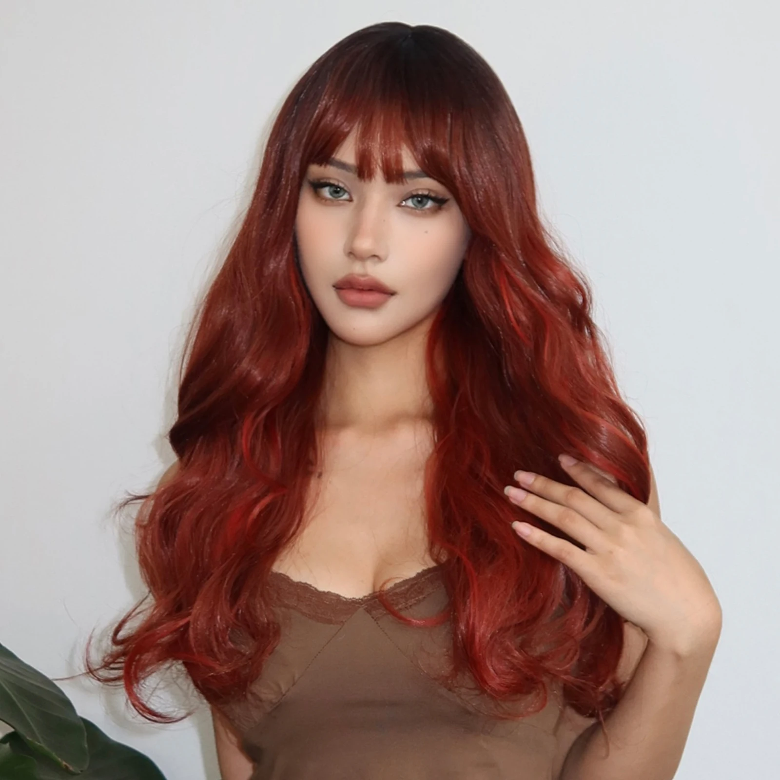 ALAN EATON Ombre Auburn Synthetic Wigs with Bangs Long Body Wavy Hair for Women Fluffy Realistic Fake Hair Heat Resistant Fiber