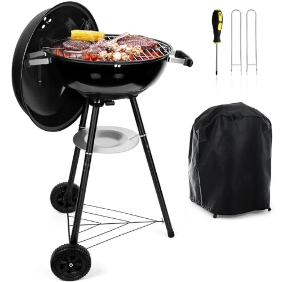 

18 Inch Charcoal Grill for outdoor barbecue, black porcelain-enameled steel, portable 2-in-1 design with wheels, ideal for camp