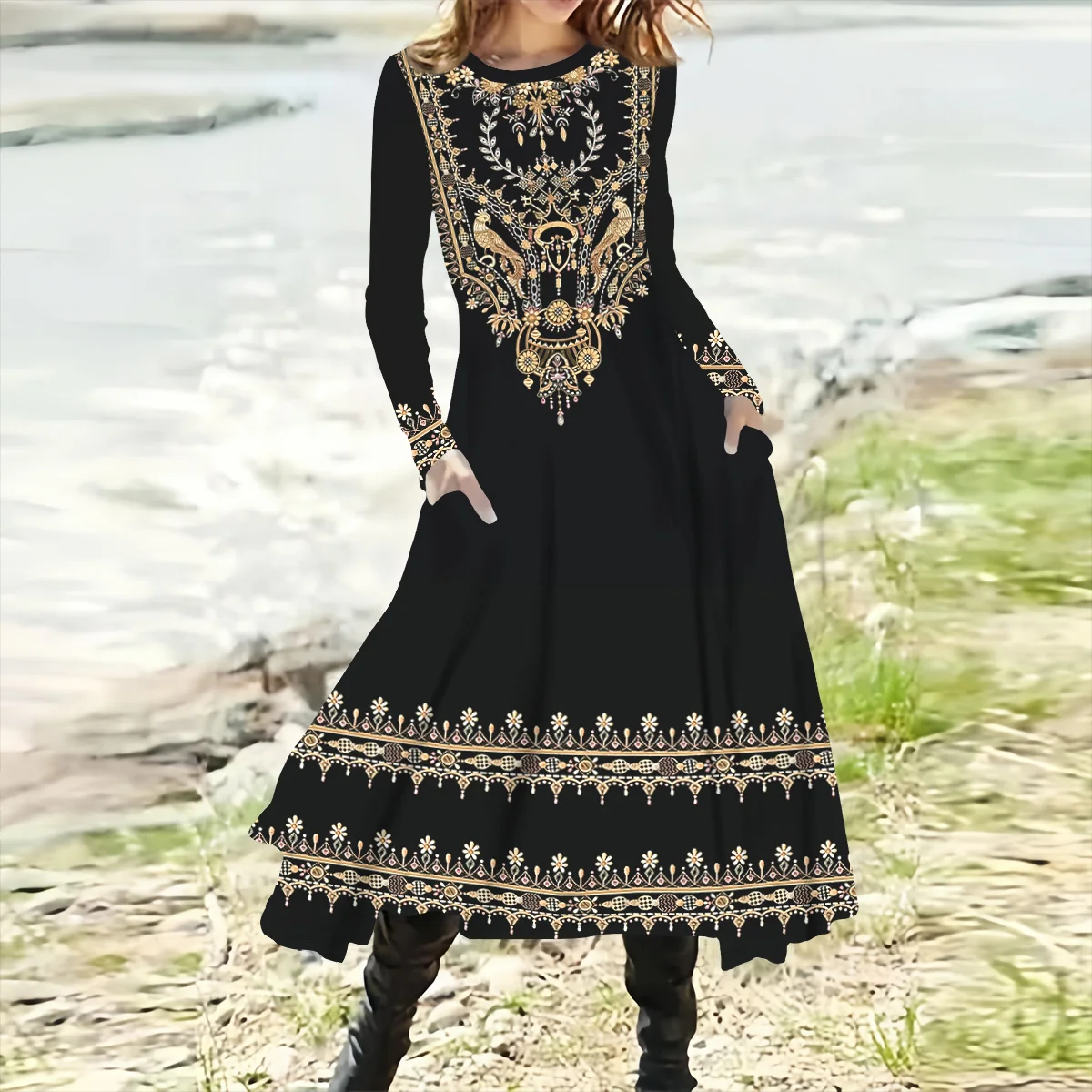 Plus Size VINTAGE Woman Printed Long Sleeve Dress Fashionable Women Party Dress Plus Size Women Clothing Vestidos Femininos