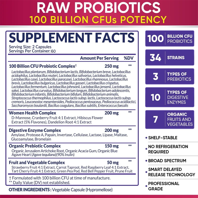 Women\'s RAW Probiotic 100 Billion CFU - Supports Digestion, Immunity and Upper Respiratory Health, Relieve Bloating