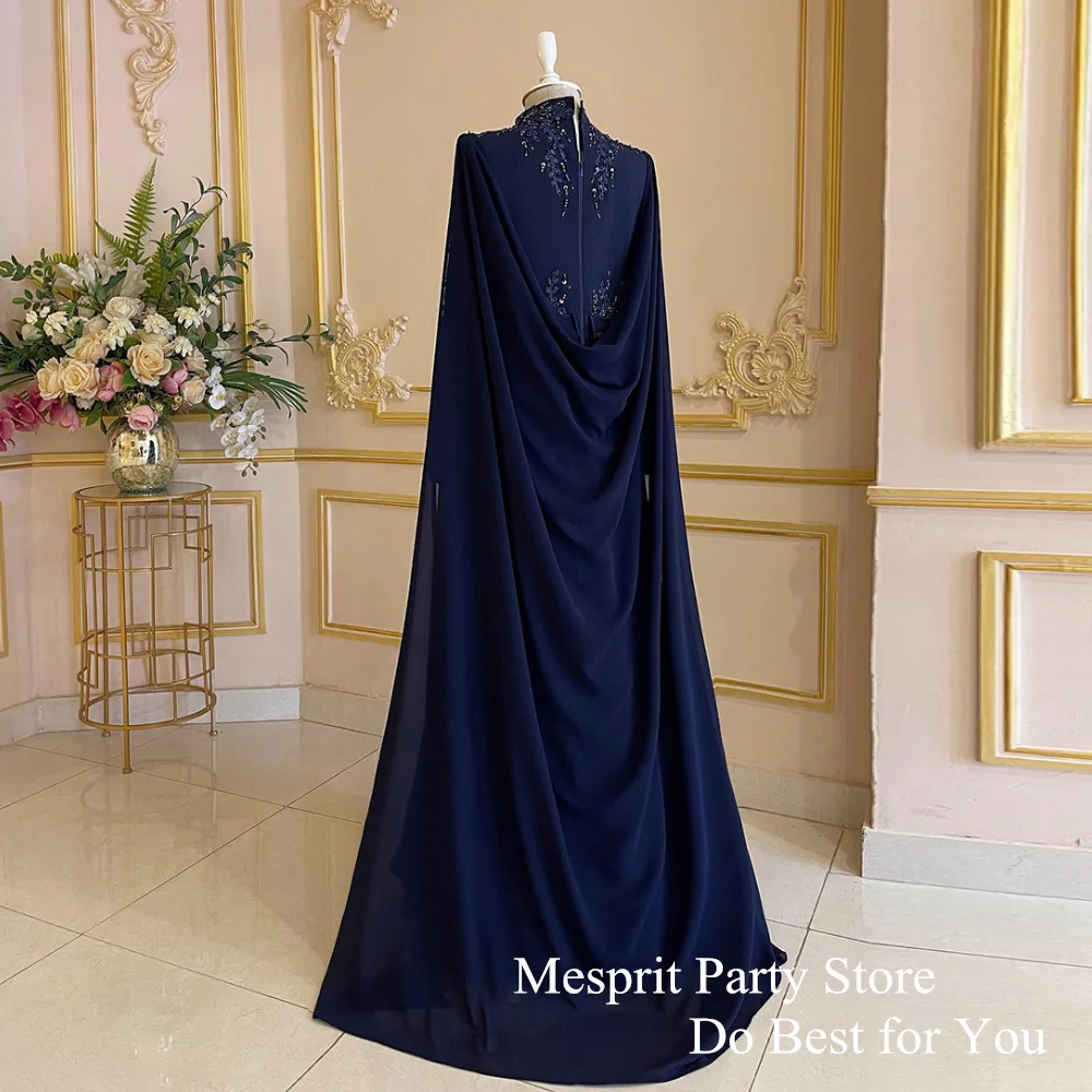 Navy Mother of The Bride Dress with Chiffon Cape High Neck Full Sleeves Beading Applique A Line Evening Party Gown Formal Dress