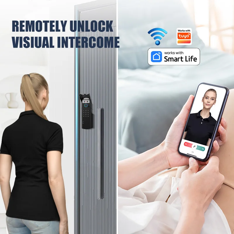 Tuya bloqueio inteligente wi-fi 6 métodos de desbloqueio automático rosto impressão digital senha cartão chave controle app 1800mah bateria para casa