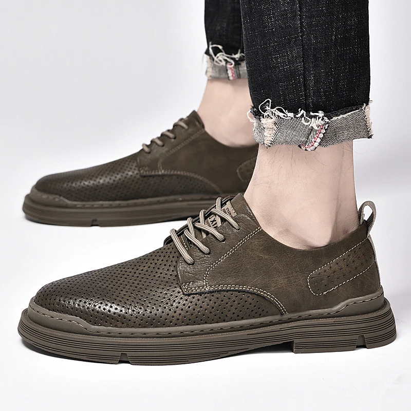 Men Breathable Sneakers Fashion Driving Walking Shoes for Male Skate Flats Fashionable Perforated Outdoor Men's Leather Shoes