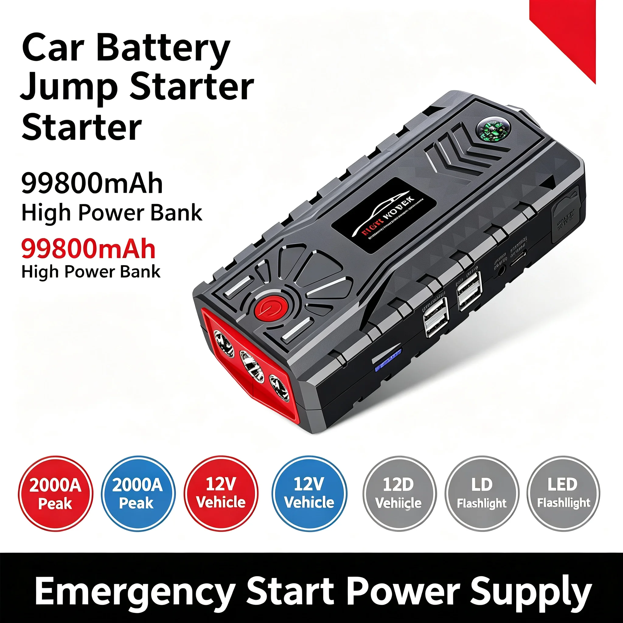 Car Jump Starter Booster 12V 99800mAh 2000A Peak Portable Power Bank Auto Emergency Start Power Supply with LED Flashlight