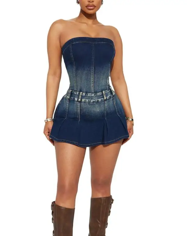 

Женский комбинезон 2026 Весна-Лето, новый, однотонный, без бретелек, с открытой спиной, облегающий, на молнии сзади, повседневный, в уличном стиле, джинсовый ромпер