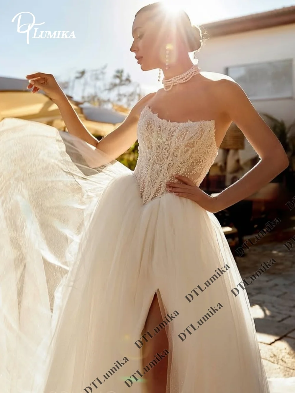 DTLumika Strapless Beaded Lace Corset Ball Gown Wedding Dress Customized High Slit Fluffy Tulle Bridal Gown With Long Train
