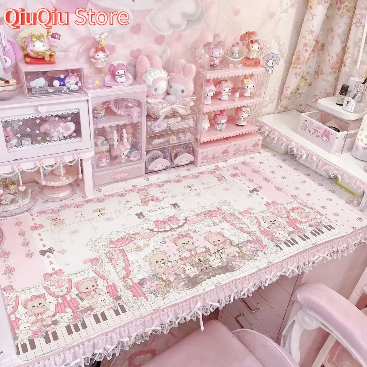 

Pink Cartoon Bear Rose Symphony Kawaii PU Leather Desk Mat | XXL Piano Keyboard Protector for Study Office, Waterproof Ins Decor