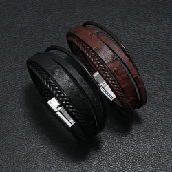 Fashion Black Leather Bracelet for Men Charm Magnetic Braided Punk Rock Man Bracelet Cuff Bracelets Men Pulseira Masculina