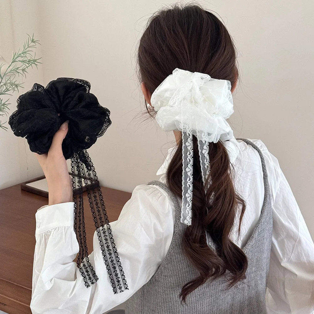 

Korean sweet beige lace bow hair band fairy elastic rubber scrunchie accessories for women Girl Ribbon Yoga kpop leading fashion
