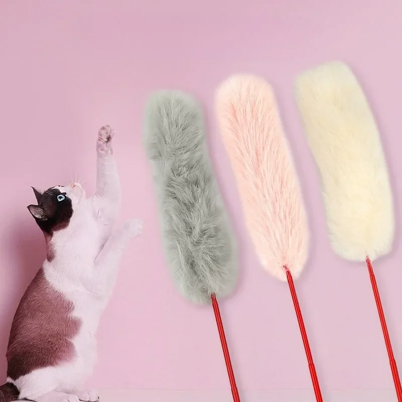 

Random Color Tease Cat Stick Faux Rabbit Fur Pompom Plush Pet Interactive Stick Cat Playing Training Toys Pet Supplies 고양이 장난감