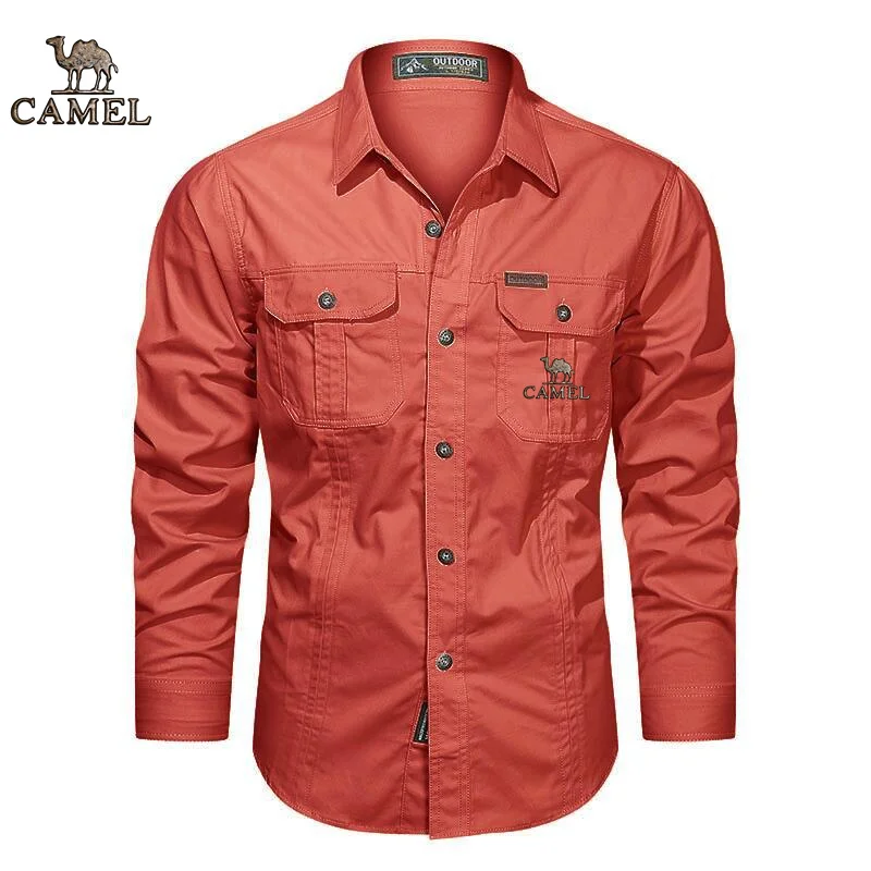 2024 Camel Authentic Emblem Spring and Autumn Season New Shirts for Men\'s Long sleeved Pure Cotton Casual Solid Color Shirts for