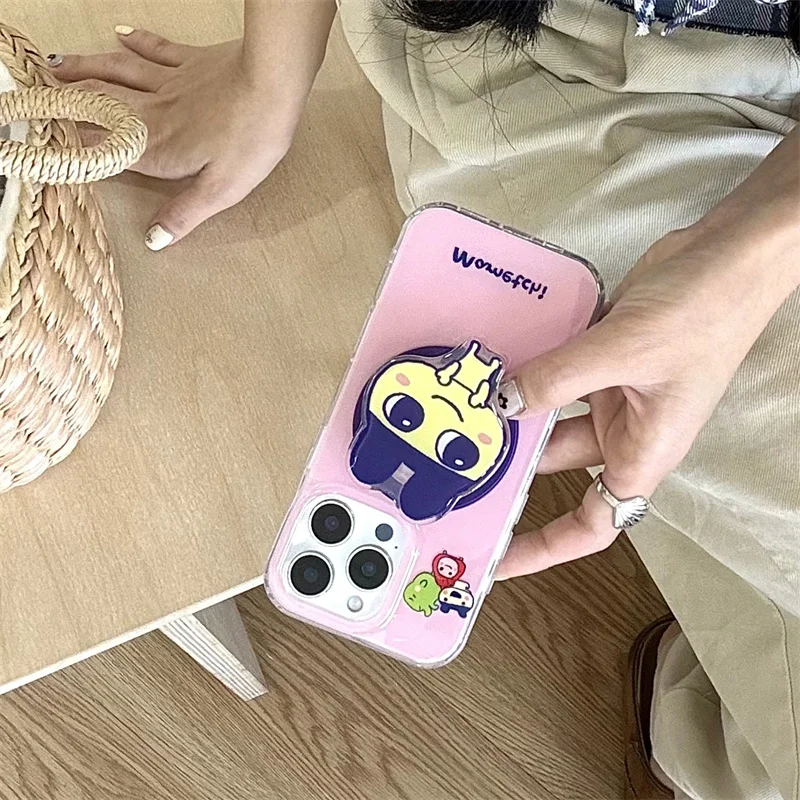 Cute Pink Magnetic Phone Case For iPhone 16 Pro 15 14 13 Pro Max Cover with Magsafe Stand Holder Kawaii Cartoon Cases 16 Promax