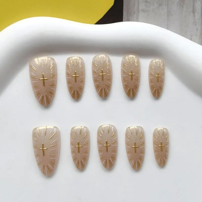 10Pcs French Style Wine Red Gilded Rose and Shiny Cat-Eye Bowknot Press on Nails Almond Shape Manicure Removable Fake Nails Art