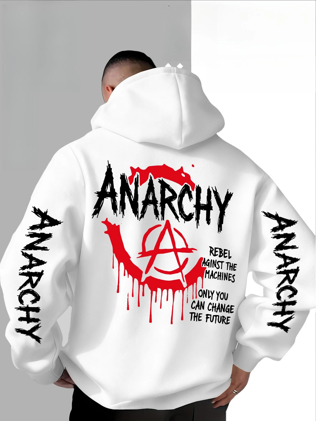 Moletom masculino com capuz de lã, estampa de graffiti rebelde Anarchy, quente para o inverno, roupa esportiva, moletom casual folgado para treino