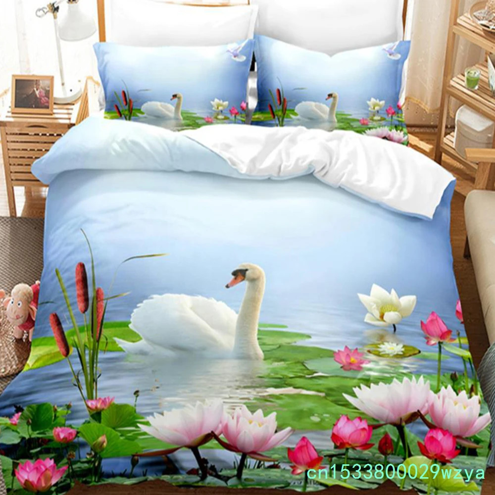 Swan Rose Queen Bedding Set Duvet Cover Set Bedding Digital Printing Bed Linen King Size Duvet Cover Set Bedding Set
