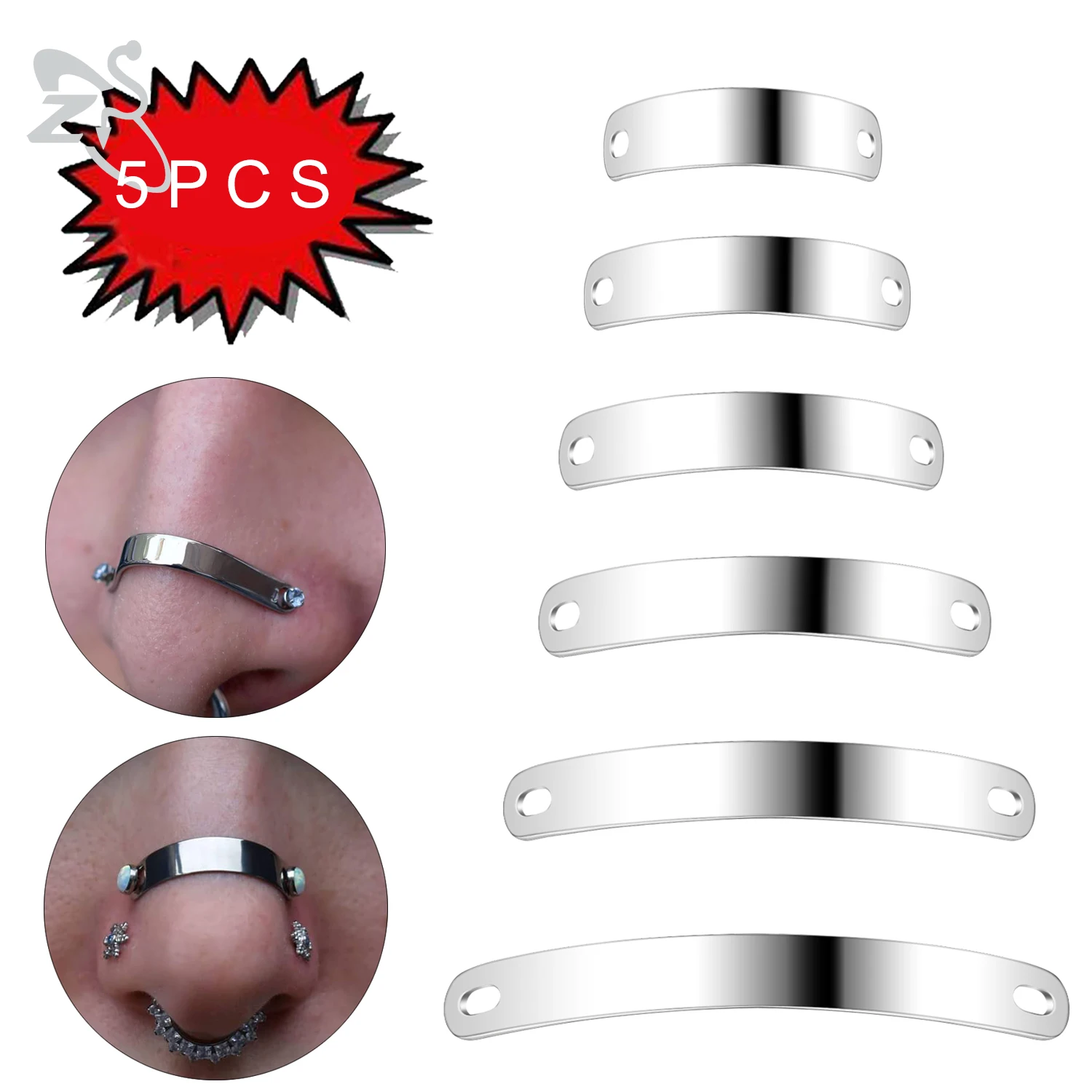ZS 5 unids/lote 316L Piercings de puente ajustables de acero inoxidable Color plata anillo de nariz 24/30/35/40/45/50MM Piercing de oreja Punk Rock