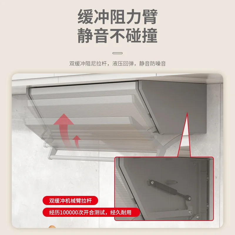 Pull down hanging cabinet, storage box, hidden seasoning box at bottom of cabinet, turn down basket