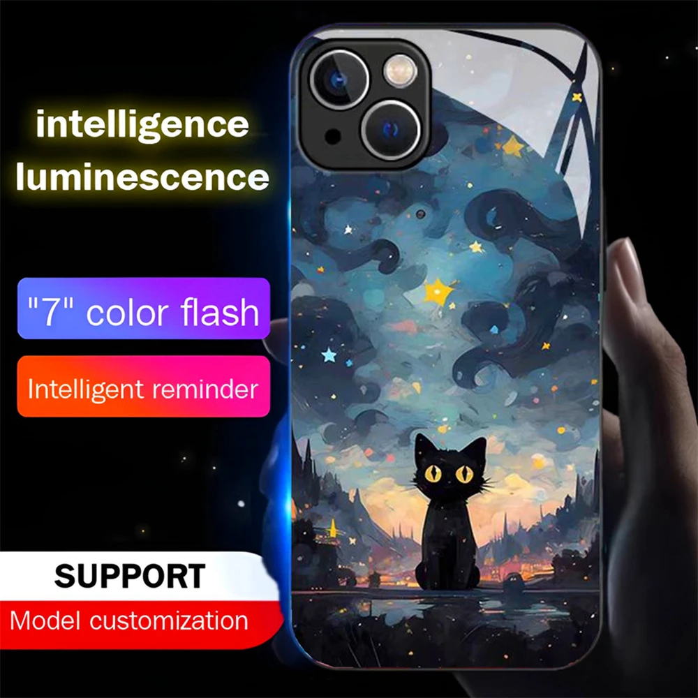 

Black Cat Oil Painting Design Smart LED Light Glow Tempered Glass Phone Case For Samsung S25 S24 S23 S22 S21 S20 FE Plus Ultra