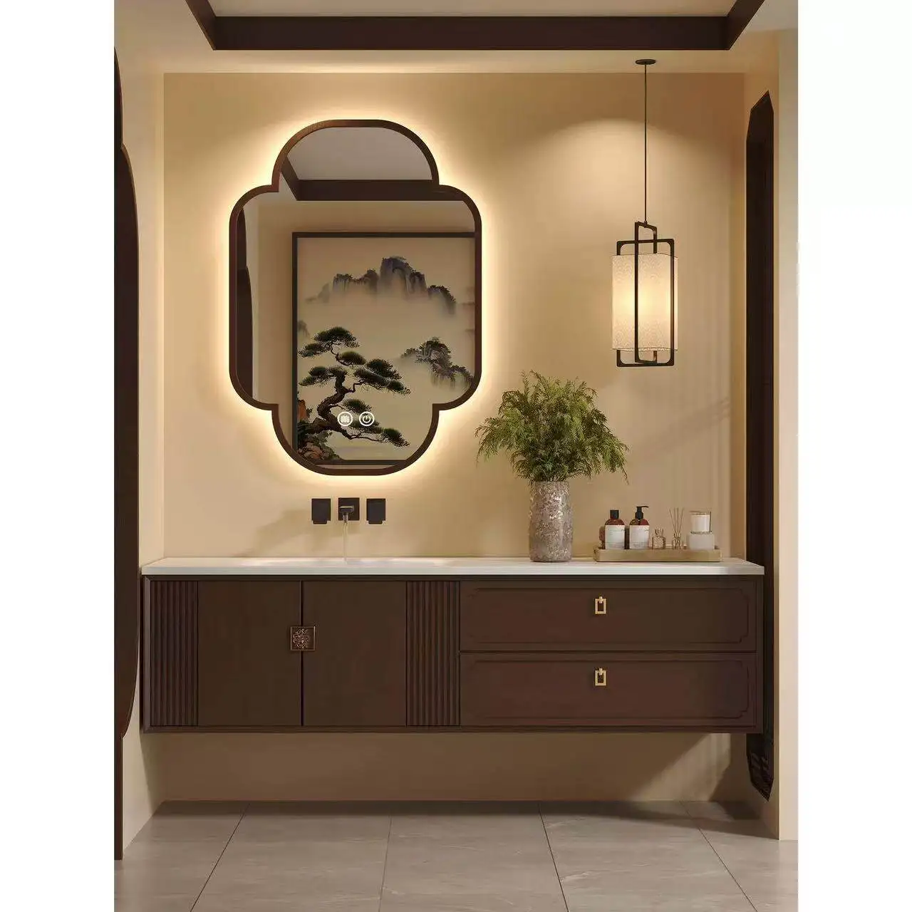 

Комплект мебели для ванной комнаты: тумба с интегрированной раковиной из каменной плиты, изготовленной методом горячей гибки, и умывальник.